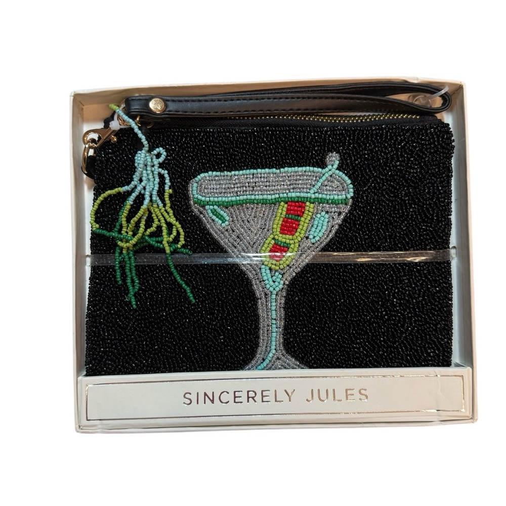 Sincerly Jules Black Beaded martini glass wristlet cocktail party NWT